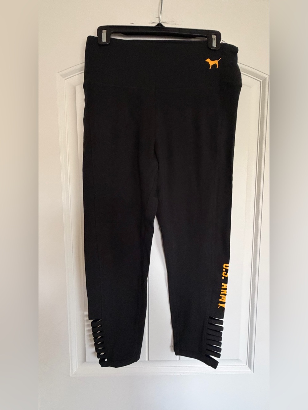 Victoria's Secret Pink Black Leggings with Yellow Logo and Side Text